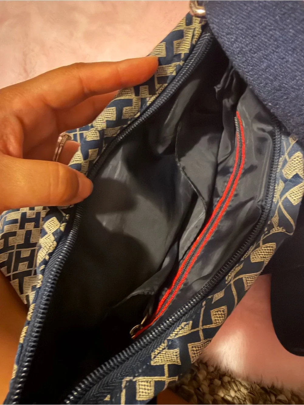 Tommy Hilfiger Navy and Beige Monogram Crossbody Bag